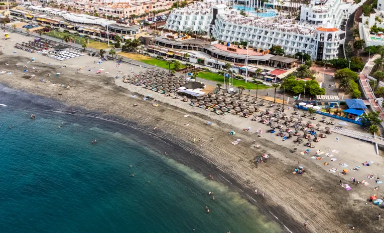 Aerial view of a sunny beach resort in Tenerife, Canary Islands
