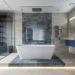 Modern hotel bathroom with a private freestanding jacuzzi tub